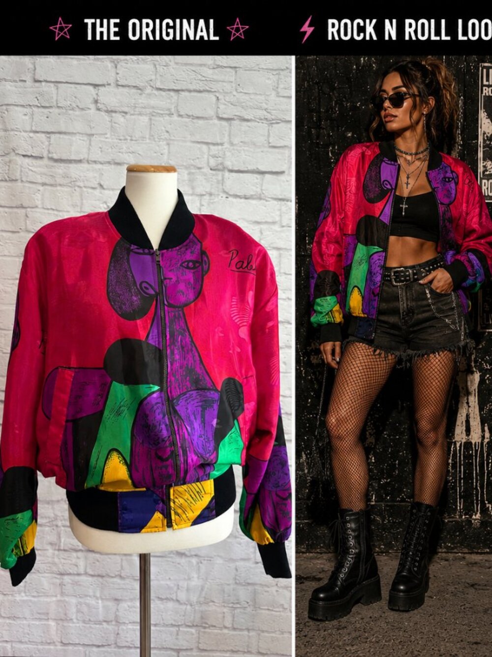Vibrant Vintage Pink Purple PICASO Abstract Bomber Jacket size M Y2K, 80’s 90’s